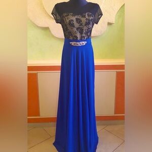 NWT MAXI DRESS 👗 DELVINA. Black Mesh/ Gold/ Blue. Size European 42(American 10)